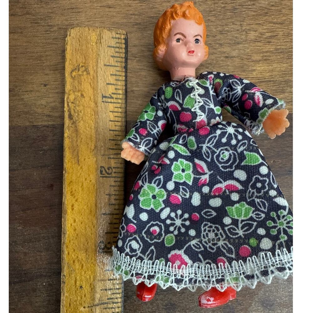Caco Vintage Dollhouse Miniature Girl Floral Dress Thread Wrapped Doll German